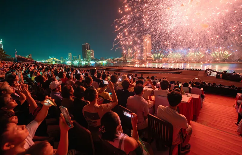 Đông đảo người dân bên bờ sông Đà Nẵng chiêm ngưỡng pháo hoa rực sáng bầu trời đêm cùng đường chân trời thành phố.